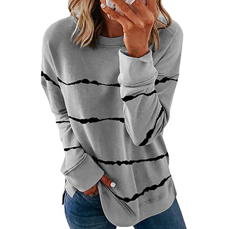 Damen nan lässiges Oversize-Sweatshirt mit wellenförmigem Streifenmuster Rundhals Seitenschlitzen und gerundetem Saum EB