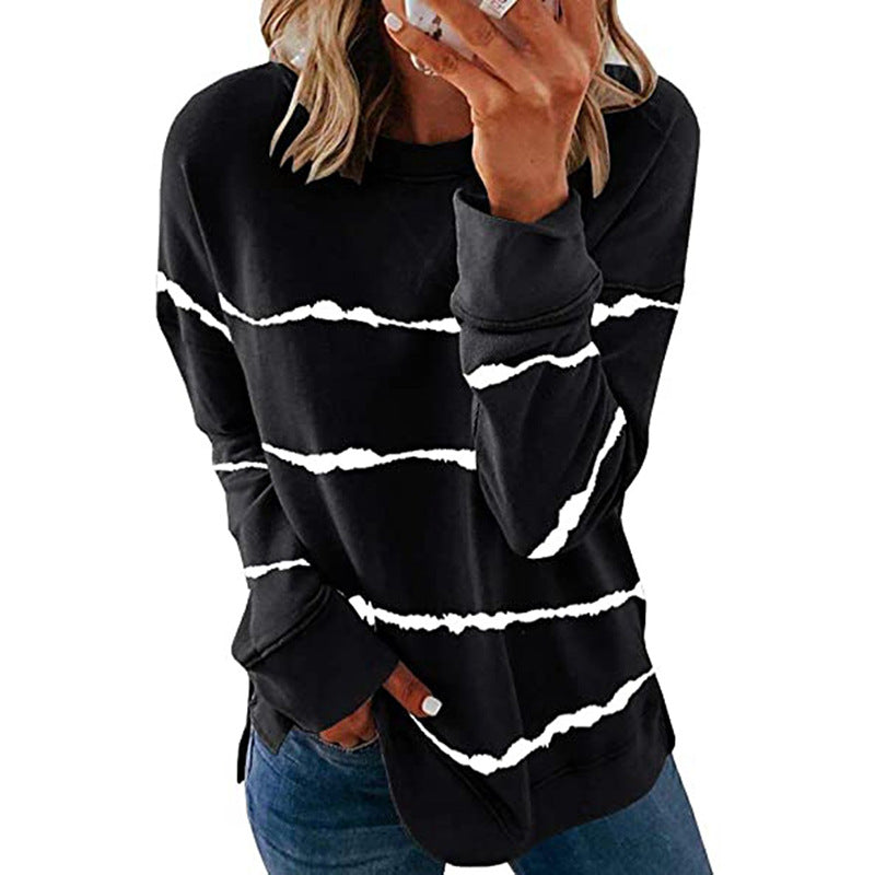 Damen nan lässiges Oversize-Sweatshirt mit wellenförmigem Streifenmuster Rundhals Seitenschlitzen und gerundetem Saum EB