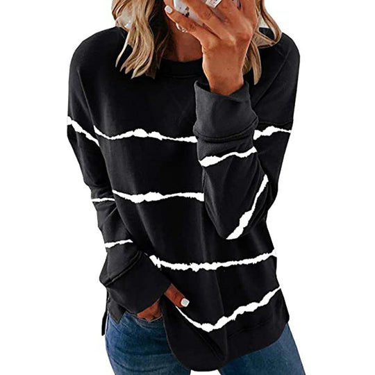 Damen nan lässiges Oversize-Sweatshirt mit wellenförmigem Streifenmuster Rundhals Seitenschlitzen und gerundetem Saum EB