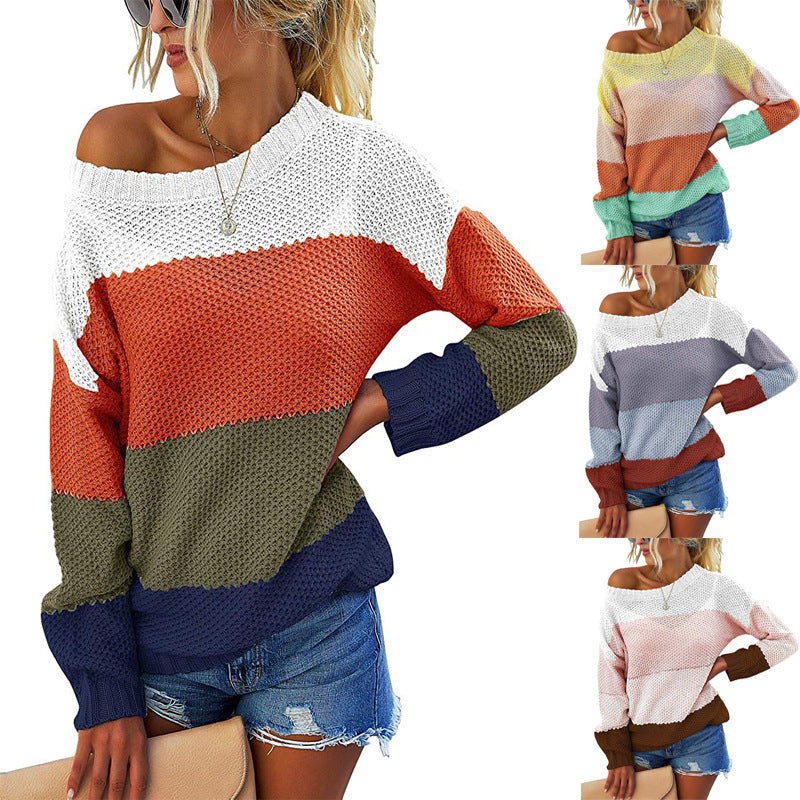 Damen lässiger Blockstreifen Pullover mit weitem Ausschnitt und strukturiertem Gewebe EB