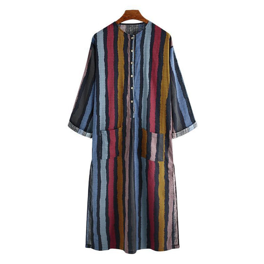 Herren nan bodenlanger gestreifter Leinenmix Kaftan mit Stehkragen und aufgesetzten Hüfttaschen EB