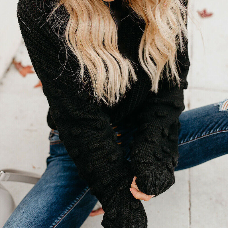 Damen Strickpullover mit strukturiertem Design und lässigen Puffärmeln EB