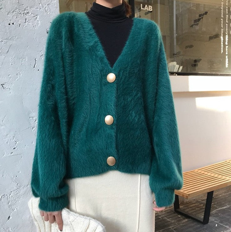 Damen Flauschige Strickjacke mit großen Knöpfen und voluminösen Ärmeln EB