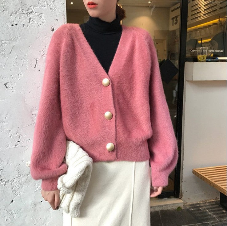 Damen Flauschige Strickjacke mit großen Knöpfen und voluminösen Ärmeln EB