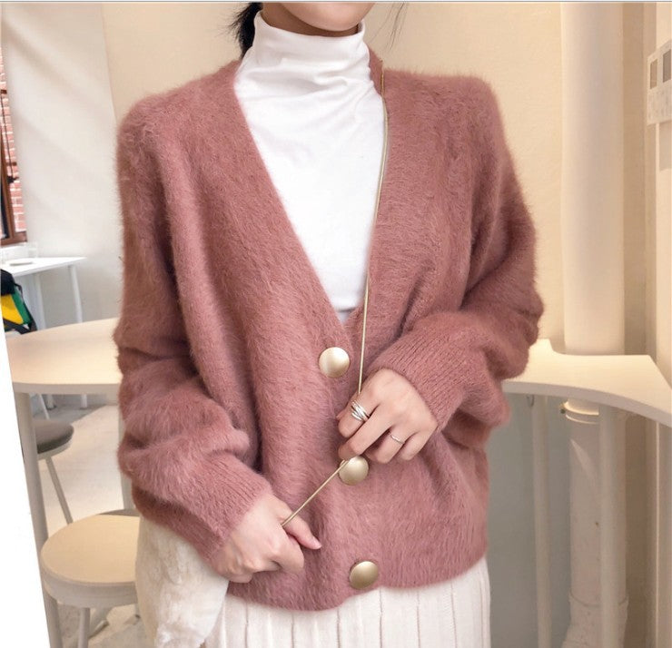 Damen Flauschige Strickjacke mit großen Knöpfen und voluminösen Ärmeln EB