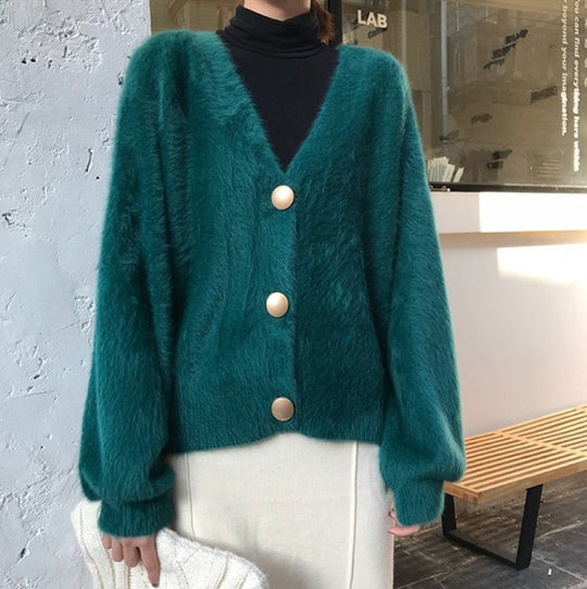 Damen Flauschige Strickjacke mit großen Knöpfen und voluminösen Ärmeln EB