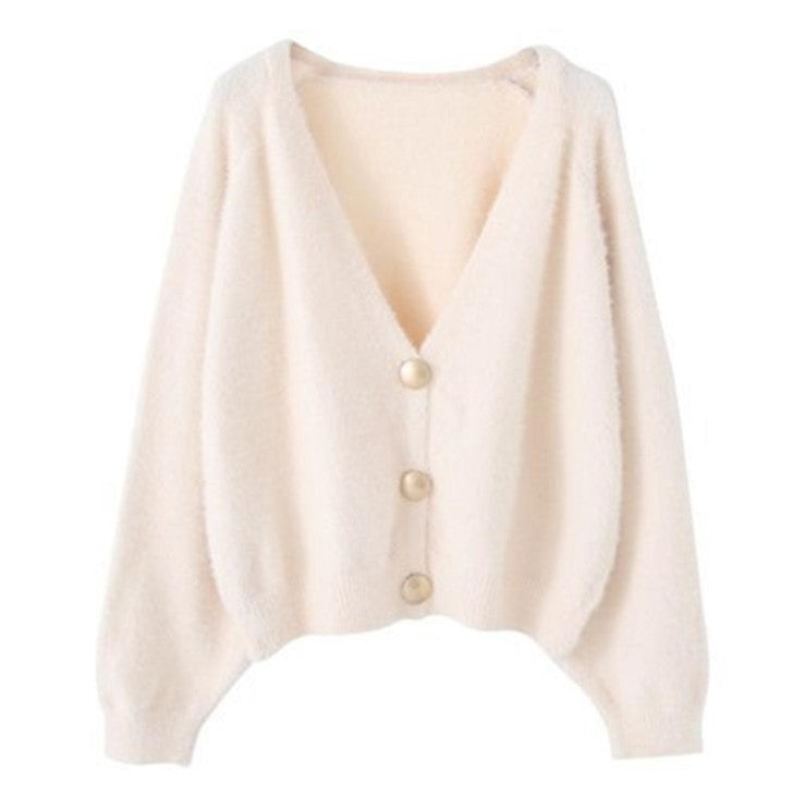 Damen Flauschige Strickjacke mit großen Knöpfen und voluminösen Ärmeln EB