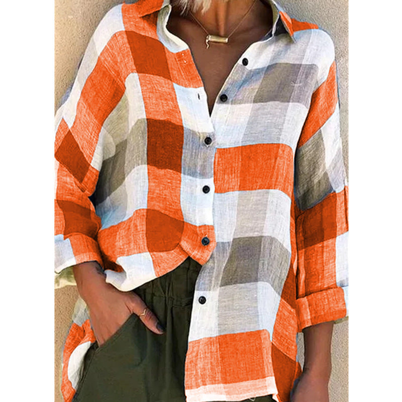 Damen nan oversized Leinenbluse mit großem Karo-Muster und legerem Hemdkragen EB