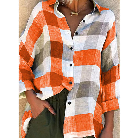 Damen nan oversized Leinenbluse mit großem Karo-Muster und legerem Hemdkragen EB