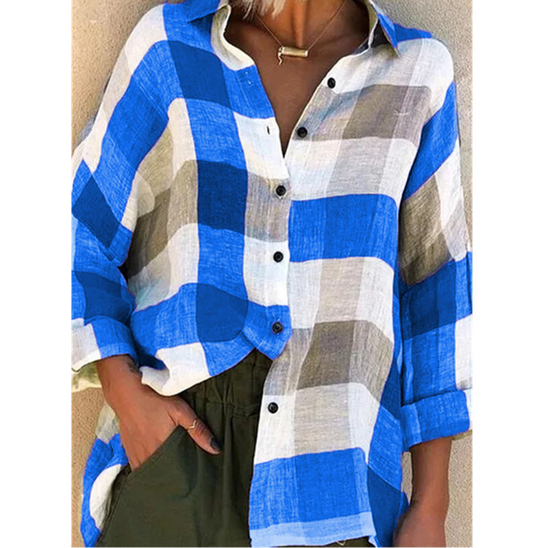 Damen nan oversized Leinenbluse mit großem Karo-Muster und legerem Hemdkragen EB