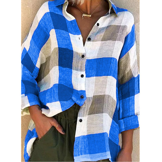 Damen nan oversized Leinenbluse mit großem Karo-Muster und legerem Hemdkragen EB