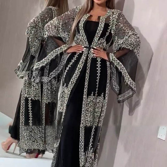 Damen Elegante Kaftan Robe aus transparentem Stoff mit aufwendigen Verzierungen EB