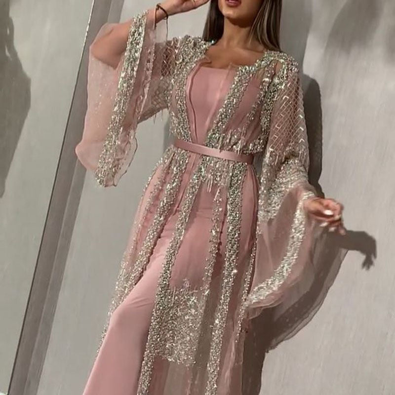 Damen Elegante Kaftan Robe aus transparentem Stoff mit aufwendigen Verzierungen EB
