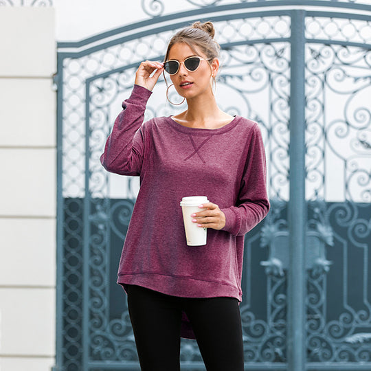Damen lässiges Langarmshirt aus atmungsaktiver Baumwolle mit modischen Seitenschlitzen EB