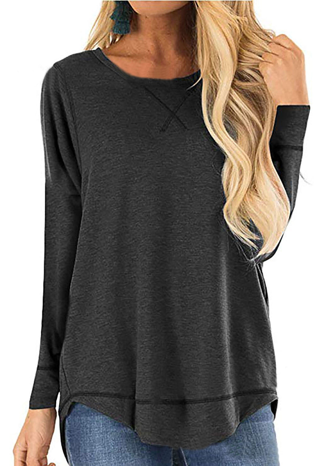Damen lässiges Langarmshirt aus atmungsaktiver Baumwolle mit modischen Seitenschlitzen EB