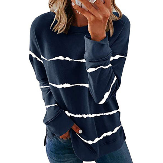 Damen nan lässiges Oversize-Sweatshirt mit wellenförmigem Streifenmuster Rundhals Seitenschlitzen und gerundetem Saum EB