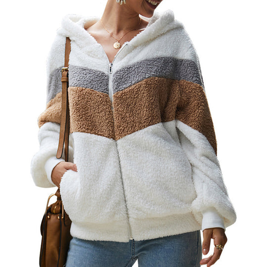 Damen Fleecejacke mit kontrastierenden Streifen und Kapuze EB