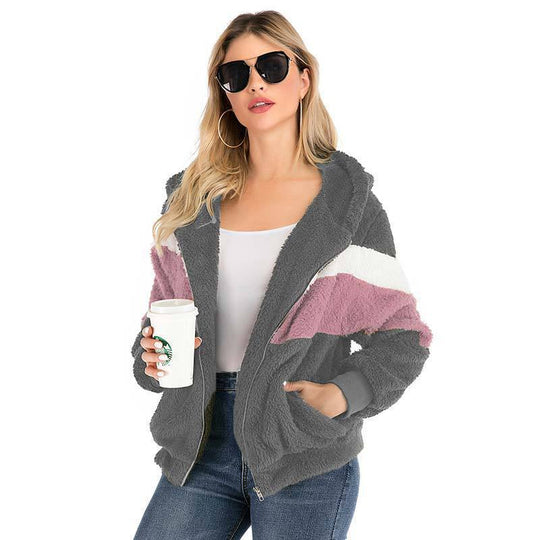 Damen Fleecejacke mit kontrastierenden Streifen und Kapuze EB