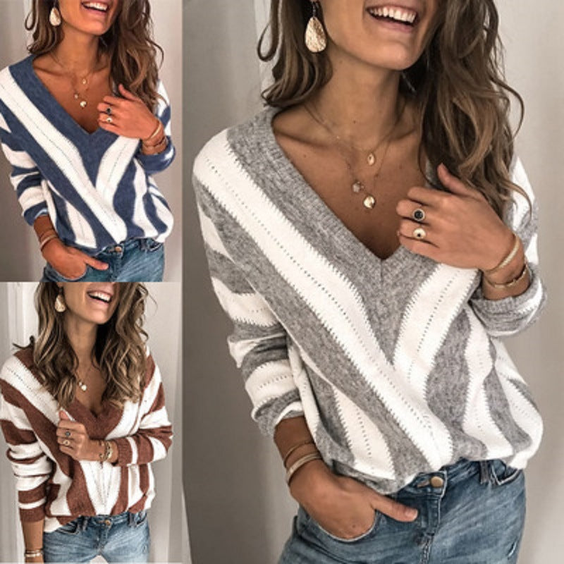 Damen lässiger V-Ausschnitt Strickpullover mit modernen Streifen EB