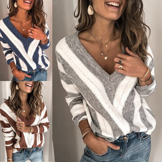 Damen V-Ausschnitt Pullover mit Wellenmuster EB