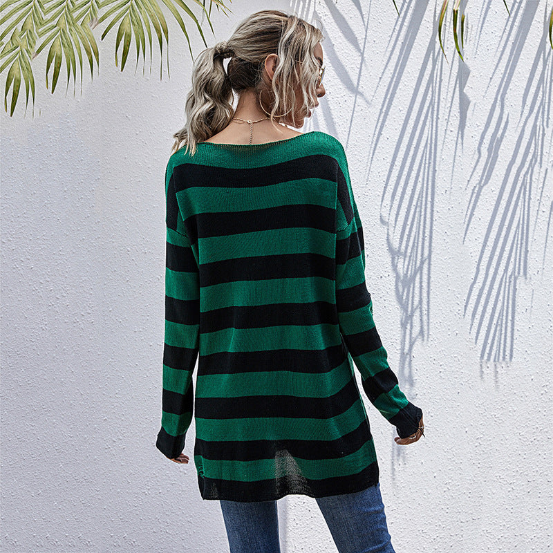 Damen Oversized Strickpullover mit asymmetrischem Schnitt und Streifenmuster EB