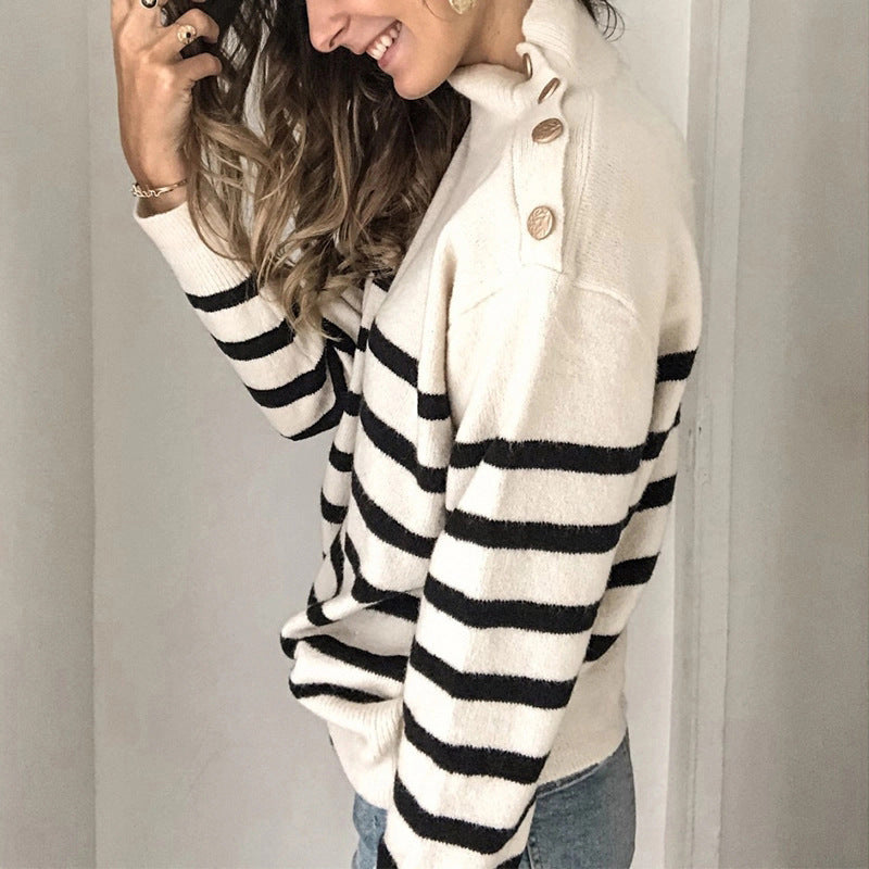 Damen Strickpullover mit modischem Stehkragen und dekorativen Knopfdetails EB
