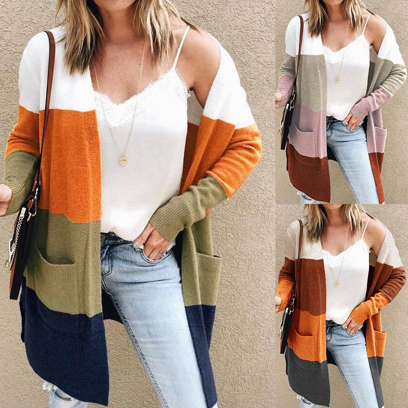 Damen Strickjacke mit modischem Farbblock-Design und praktischen Taschen EB