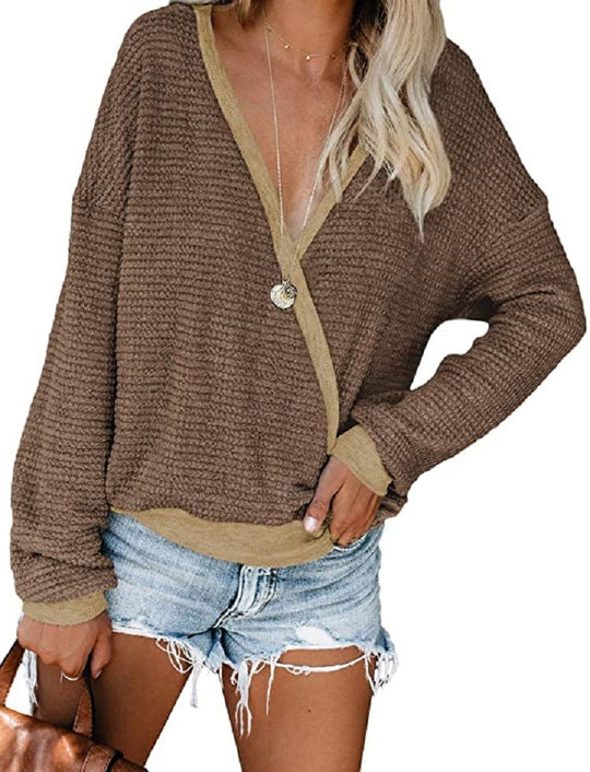 Damen lässiger Pullover mit tiefem V-Ausschnitt und lockerer Passform EB