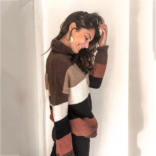 Damen Grobstrickpullover mit hohem Kragen und gestreiftem Design EB