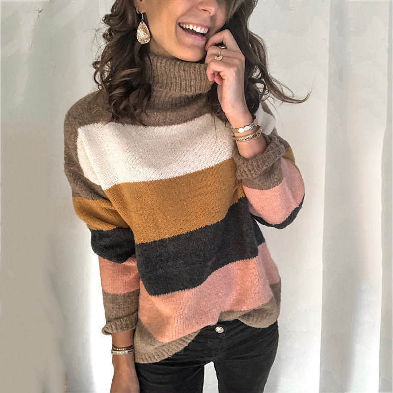 Damen Grobstrickpullover mit hohem Kragen und gestreiftem Design EB