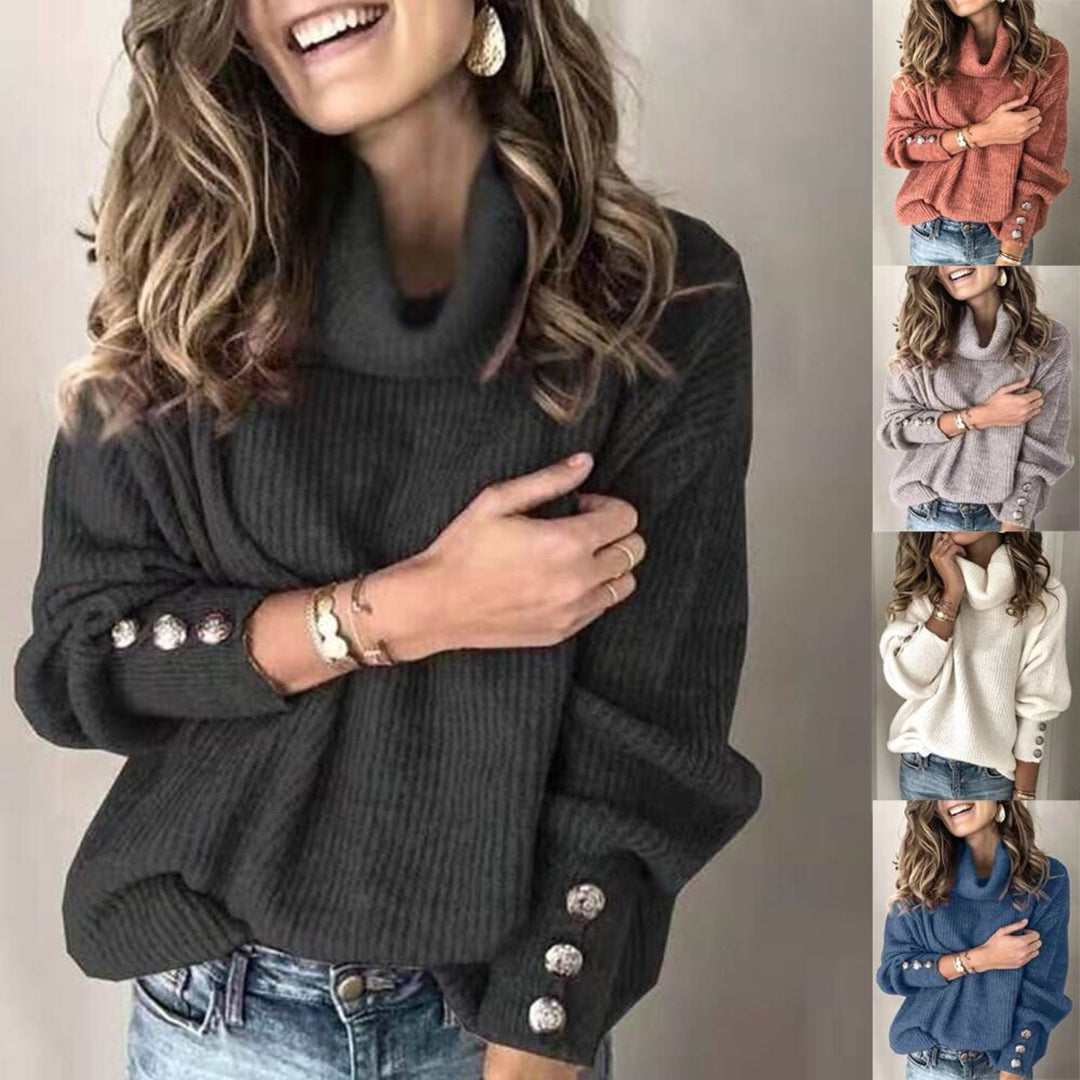 Damen Oversized Rollkragenpullover mit dekorativen Knöpfen EB
