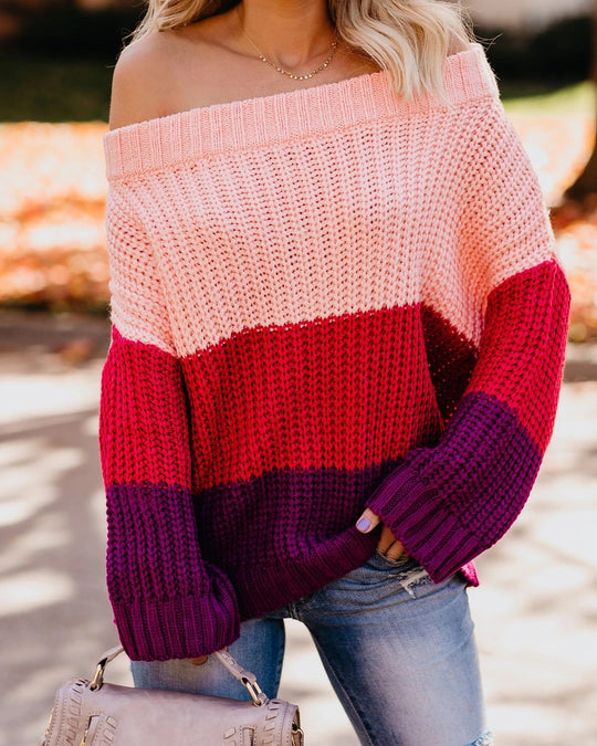 Damen lässiger Grobstrickpullover mit Off-Shoulder Design und dekorativer Farbkombination EB