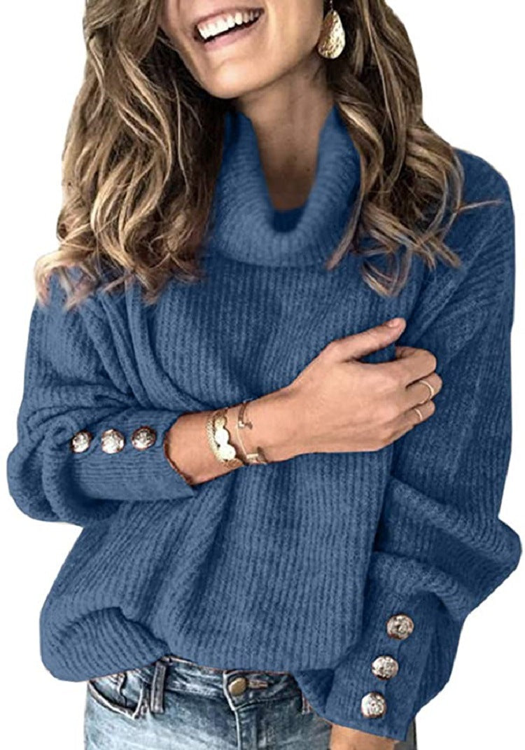 Damen Grobstrickpullover mit hohem Kragen und dekorativen Knopfdetails EB