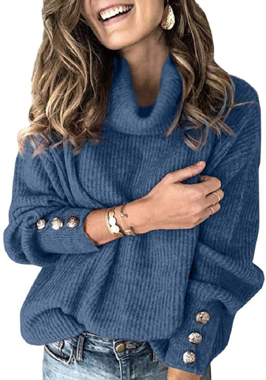 Damen Grobstrickpullover mit hohem Kragen und dekorativen Knopfdetails EB