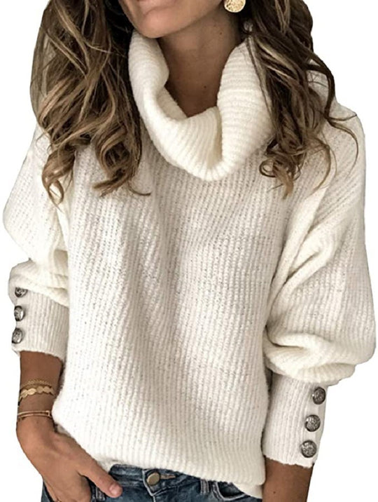 Damen Grobstrickpullover mit hohem Kragen und dekorativen Knopfdetails EB