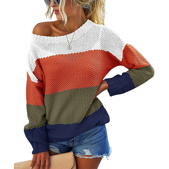Damen lässiger Blockstreifen Pullover mit weitem Ausschnitt und strukturiertem Gewebe EB