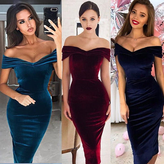 Damen elegantes Samt-Kleid mit schulterfreiem Design und figurbetonter Silhouette EB