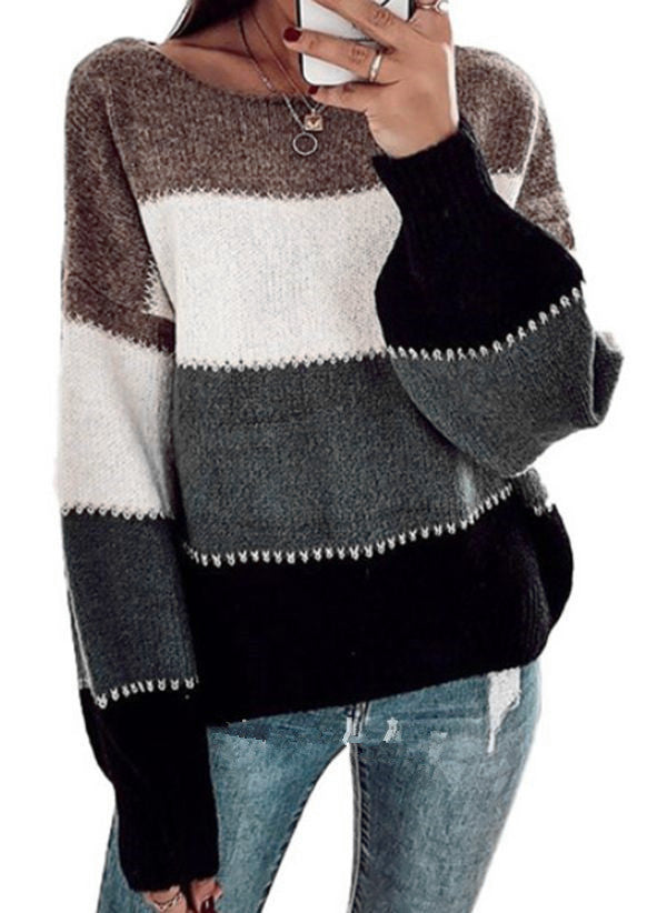 Damen Großer Strickpullover mit breitem Rundhalsausschnitt und kontrastierenden Blockstreifen EB