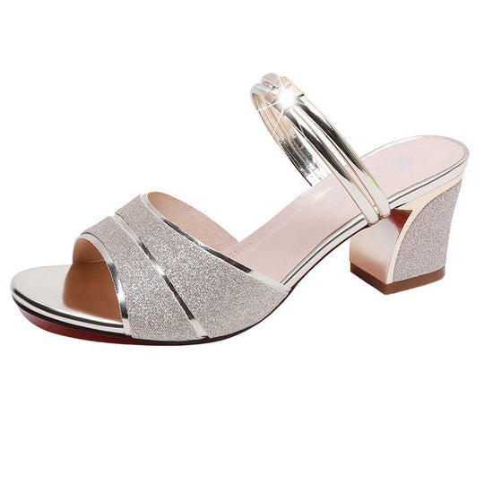 Damen Glamouröse High Heel Sandalen mit funkelnden Akzenten und komfortablem Blockabsatz EB