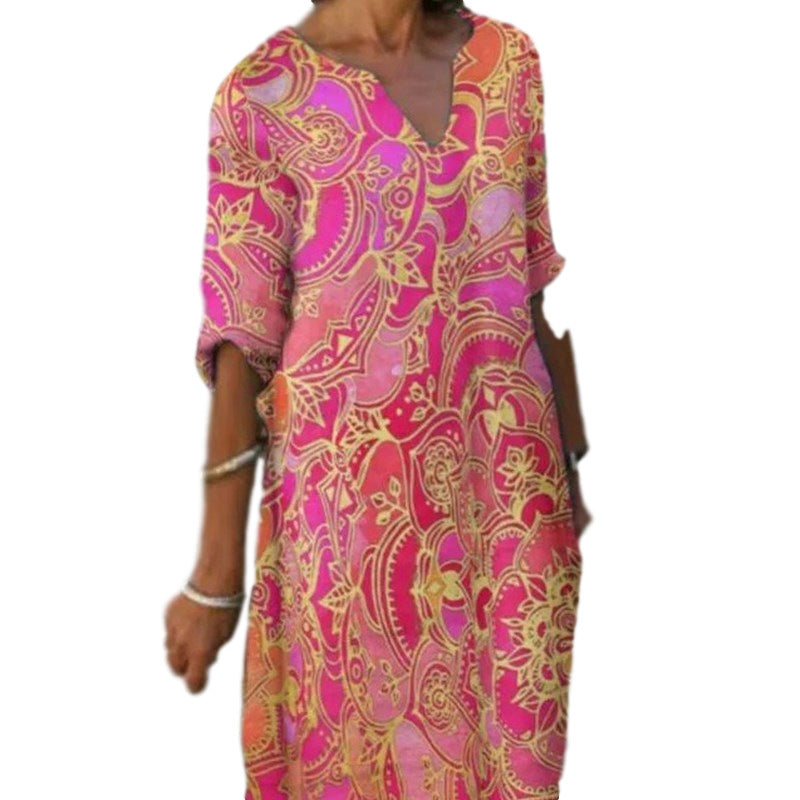 Damen Freizeitleichtkleid mit elegantem V-Ausschnitt und buntem Muster EB