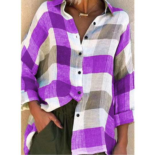 Damen nan oversized Leinenbluse mit großem Karo-Muster und legerem Hemdkragen EB