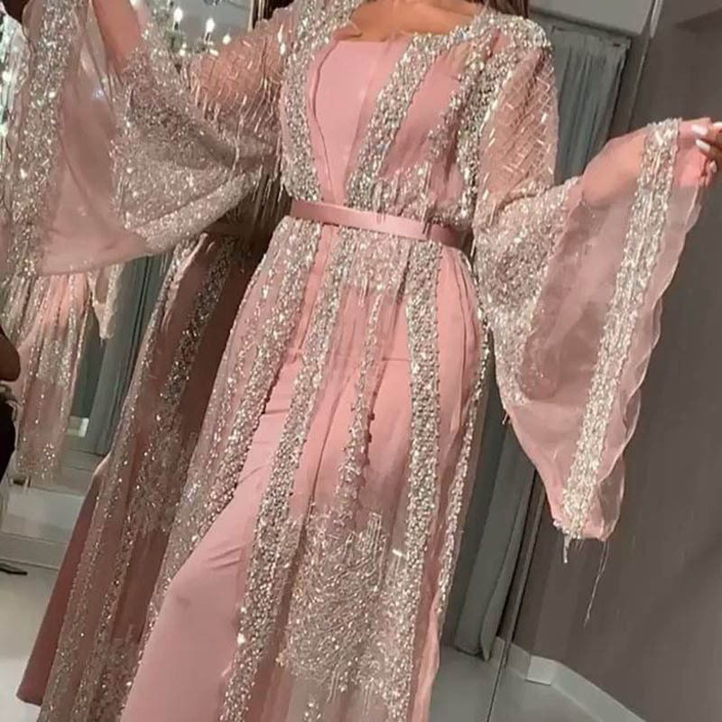 Damen Elegante Kaftan Robe aus transparentem Stoff mit aufwendigen Verzierungen EB