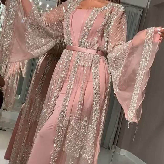 Damen Elegante Kaftan Robe aus transparentem Stoff mit aufwendigen Verzierungen EB