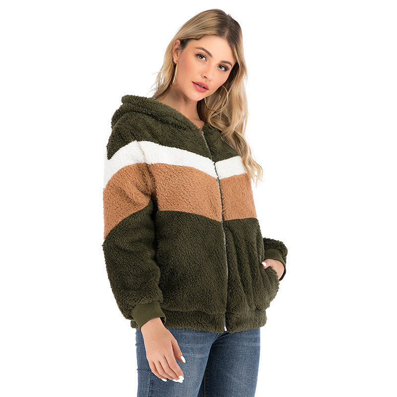 Damen Fleecejacke mit kontrastierenden Streifen und Kapuze EB