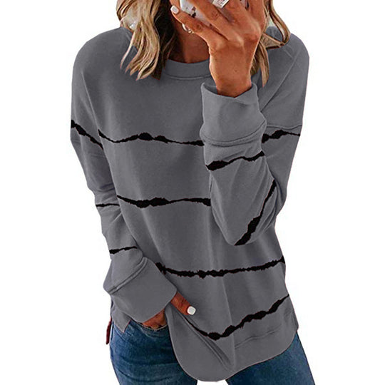 Damen nan lässiges Oversize-Sweatshirt mit wellenförmigem Streifenmuster Rundhals Seitenschlitzen und gerundetem Saum EB