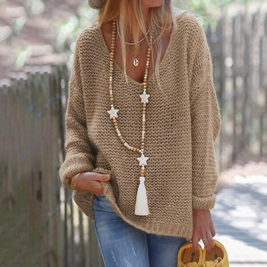 Damen lässiger Strickpullover mit tiefem V-Ausschnitt EB