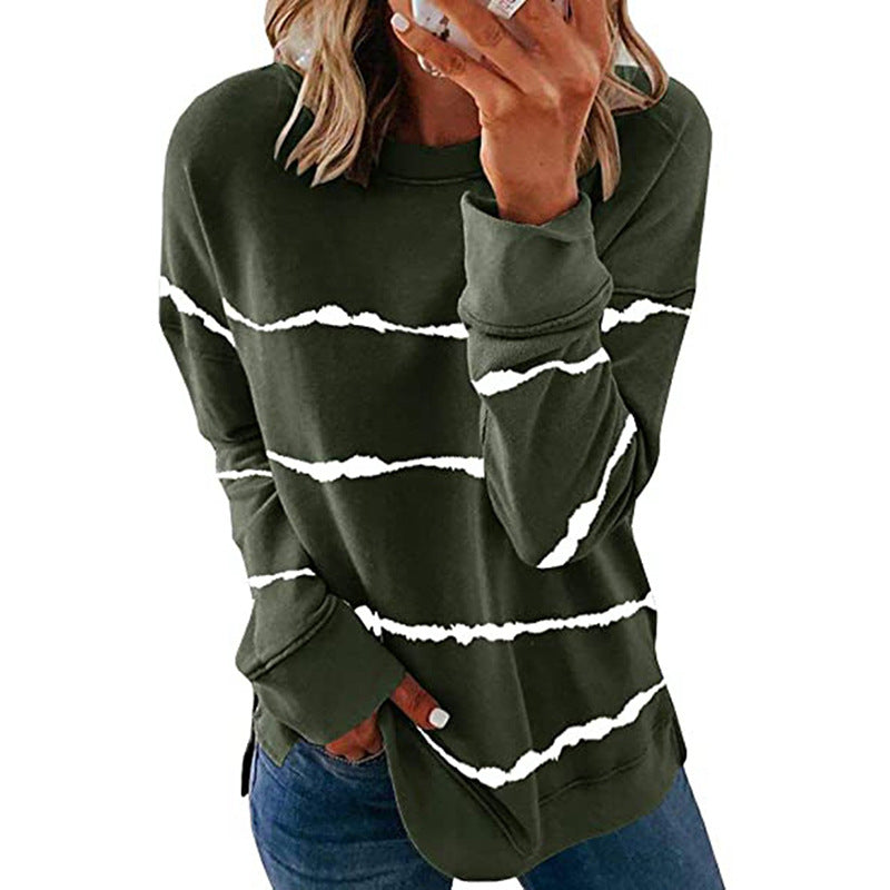 Damen nan lässiges Oversize-Sweatshirt mit wellenförmigem Streifenmuster Rundhals Seitenschlitzen und gerundetem Saum EB