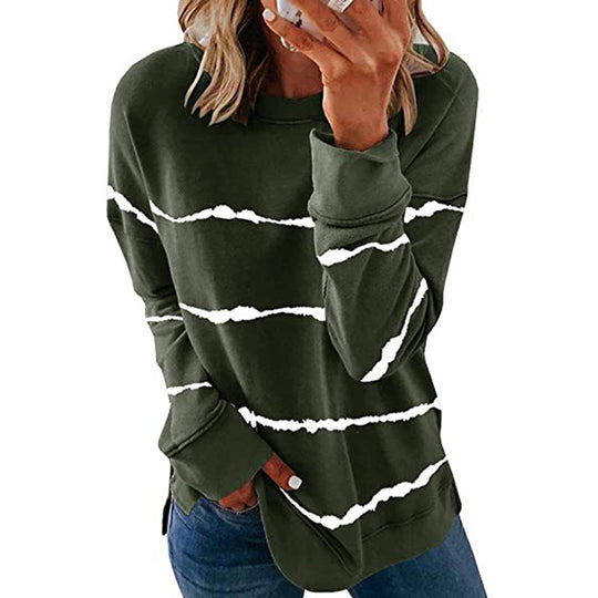 Damen nan lässiges Oversize-Sweatshirt mit wellenförmigem Streifenmuster Rundhals Seitenschlitzen und gerundetem Saum EB