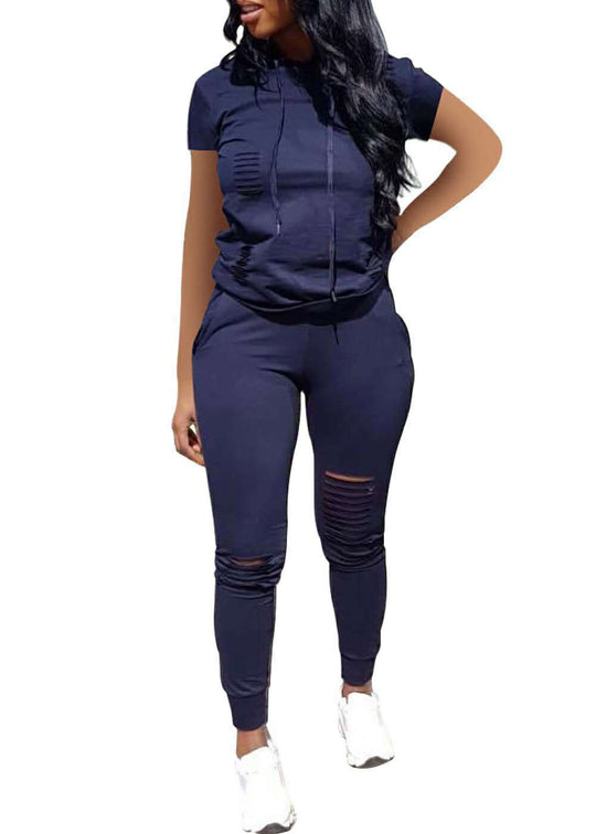 Damen Sportliches Freizeit-Set mit Kurzarmpullover und Hose mit Reißverschluss EB