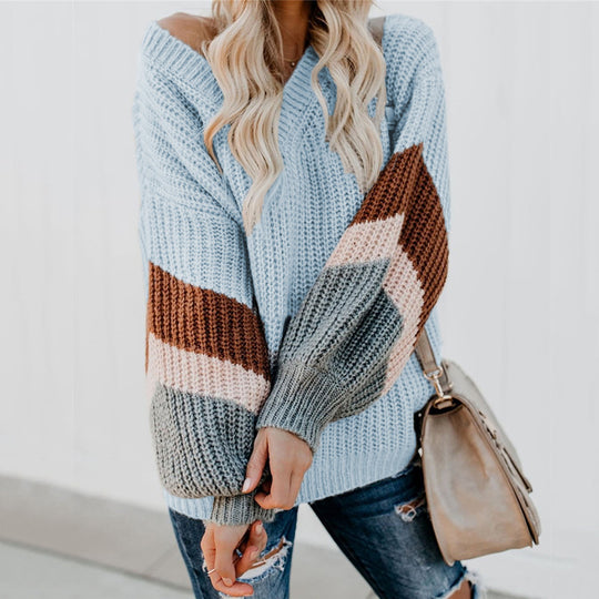 Damen lässiger Strickpullover mit trendigem Farbblockdesign und hohem Kragen EB